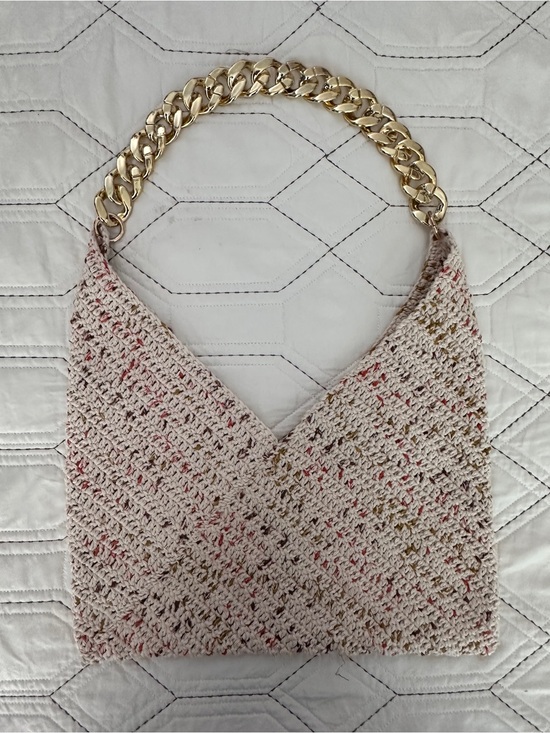 Handmade Handbags - Cream Hand‑Crochet Shoulder Bag with Gold Chain Accent